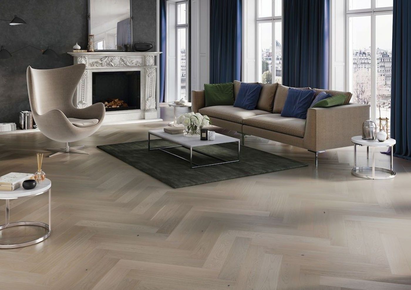 Fiskebensparkett Saga Herringbone Eik Platinum