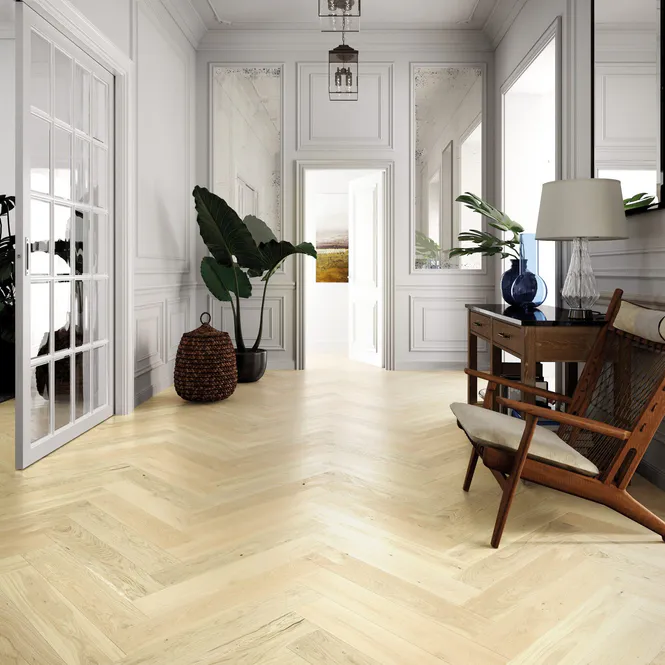 Hovedbilde Fiskebensparkett Saga Herringbone Eik Coconut